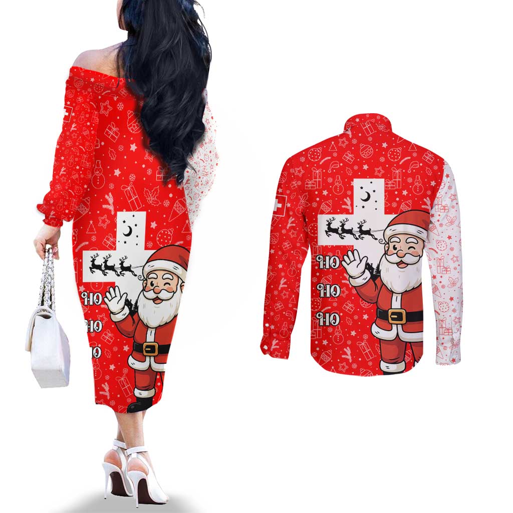 Switzerland Christmas Couples Matching Off The Shoulder Long Sleeve Dress and Long Sleeve Button Shirt with Santa Sleigh Silhouette and Red Holiday Icon - Wonder Print Shop