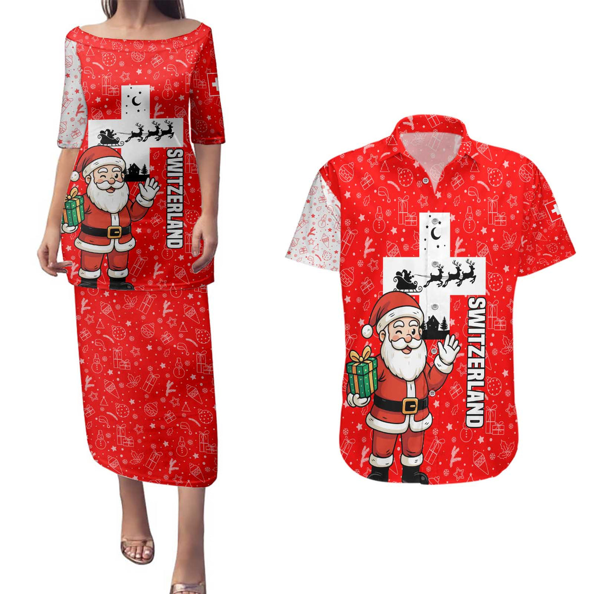 Switzerland Christmas Couples Matching Puletasi and Hawaiian Shirt with Santa Sleigh Silhouette and Red Holiday Icon - Wonder Print Shop