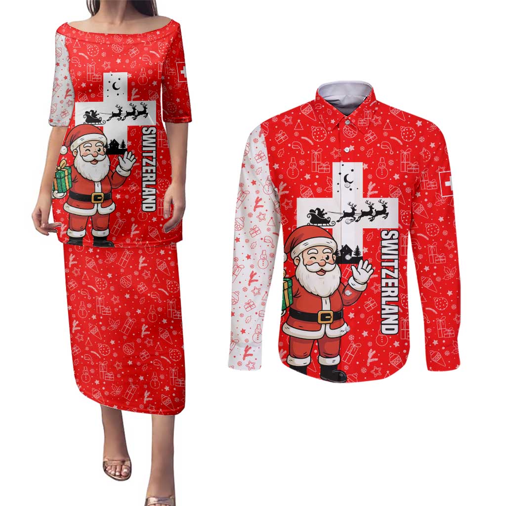 Switzerland Christmas Couples Matching Puletasi and Long Sleeve Button Shirt with Santa Sleigh Silhouette and Red Holiday Icon - Wonder Print Shop