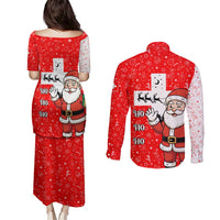 Switzerland Christmas Couples Matching Puletasi and Long Sleeve Button Shirt with Santa Sleigh Silhouette and Red Holiday Icon - Wonder Print Shop