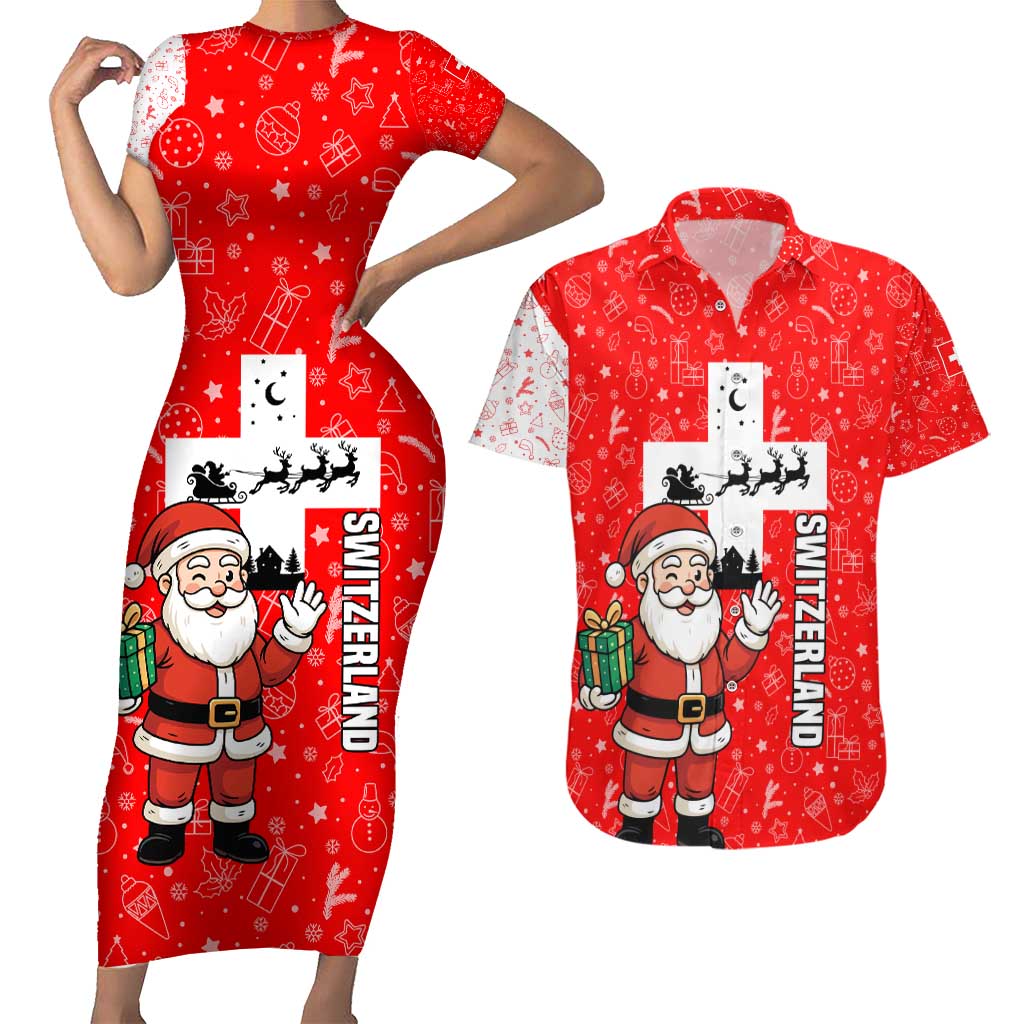 Switzerland Christmas Couples Matching Short Sleeve Bodycon Dress and Hawaiian Shirt with Santa Sleigh Silhouette and Red Holiday Icon - Wonder Print Shop