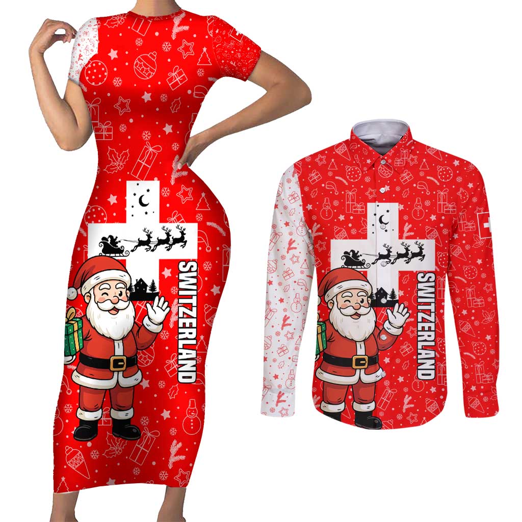 Switzerland Christmas Couples Matching Short Sleeve Bodycon Dress and Long Sleeve Button Shirt with Santa Sleigh Silhouette and Red Holiday Icon - Wonder Print Shop