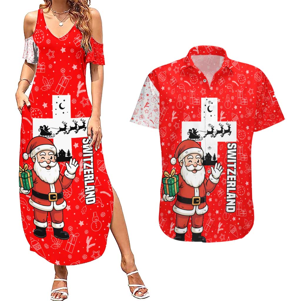 Switzerland Christmas Couples Matching Summer Maxi Dress and Hawaiian Shirt with Santa Sleigh Silhouette and Red Holiday Icon - Wonder Print Shop