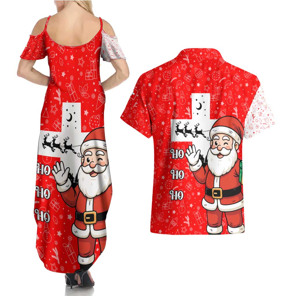 Switzerland Christmas Couples Matching Summer Maxi Dress and Hawaiian Shirt with Santa Sleigh Silhouette and Red Holiday Icon - Wonder Print Shop