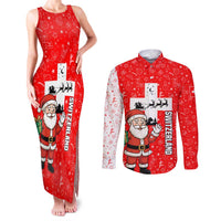 Switzerland Christmas Couples Matching Tank Maxi Dress and Long Sleeve Button Shirt with Santa Sleigh Silhouette and Red Holiday Icon - Wonder Print Shop