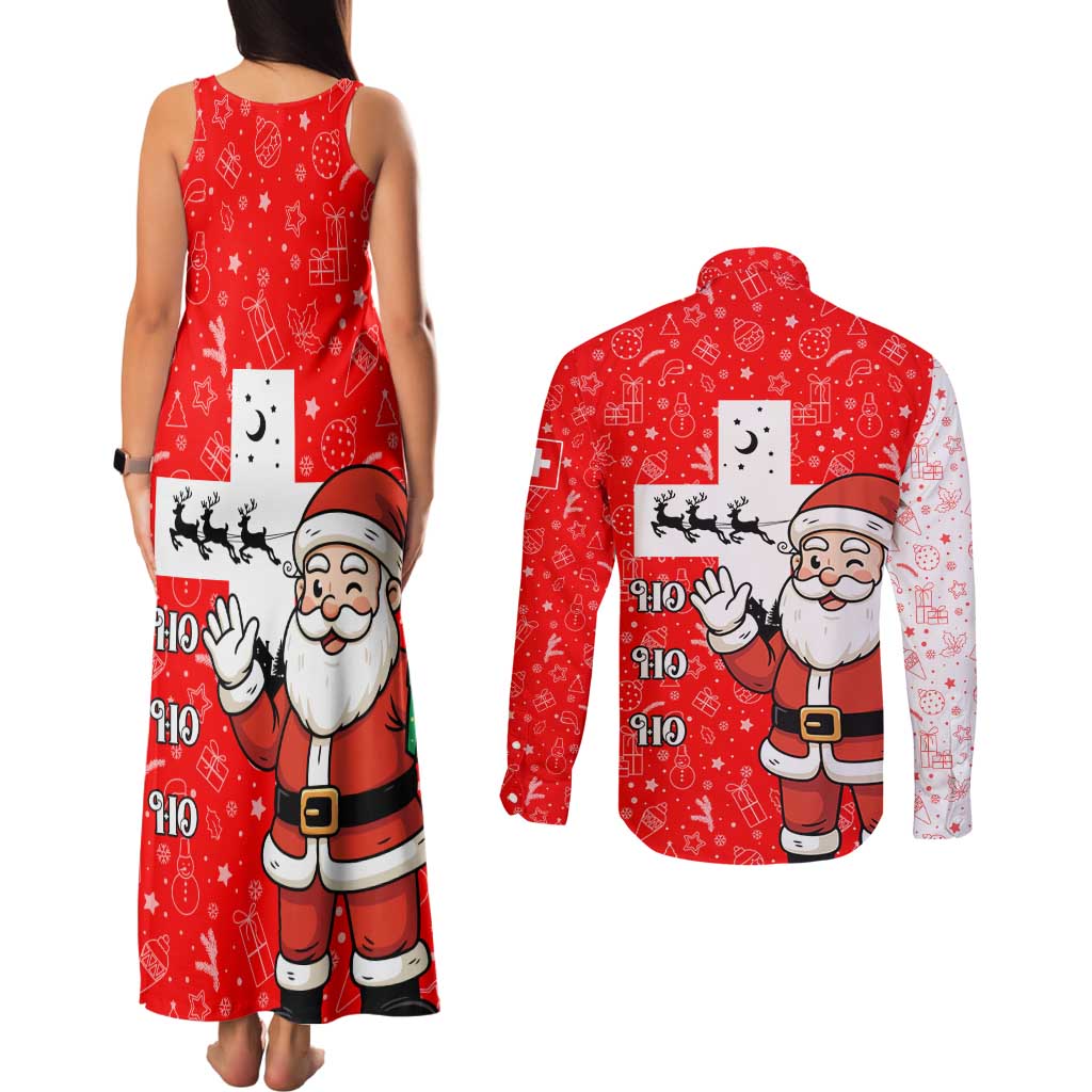 Switzerland Christmas Couples Matching Tank Maxi Dress and Long Sleeve Button Shirt with Santa Sleigh Silhouette and Red Holiday Icon - Wonder Print Shop