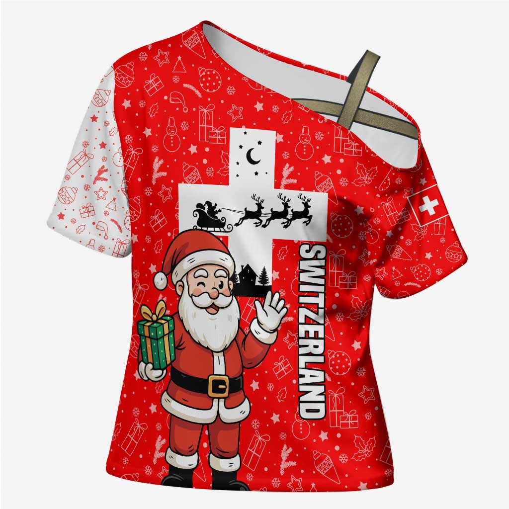 Switzerland Christmas Cross Shoulder Shirt with Santa Sleigh Silhouette and Red Holiday Icon - Wonder Print Shop