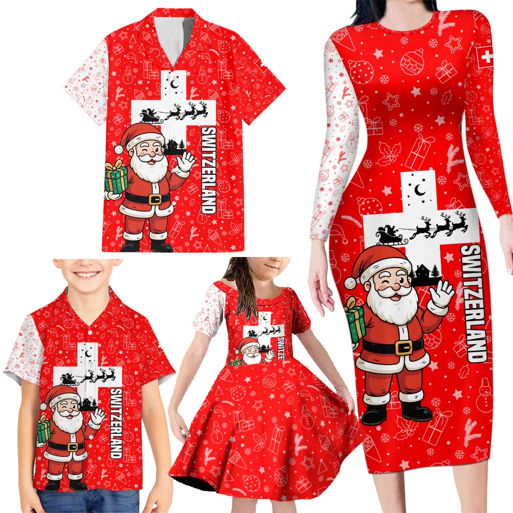 Switzerland Christmas Family Matching Long Sleeve Bodycon Dress and Hawaiian Shirt with Santa Sleigh Silhouette and Red Holiday Icon - Wonder Print Shop