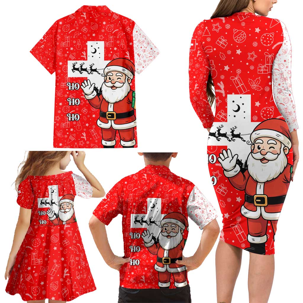 Switzerland Christmas Family Matching Long Sleeve Bodycon Dress and Hawaiian Shirt with Santa Sleigh Silhouette and Red Holiday Icon - Wonder Print Shop