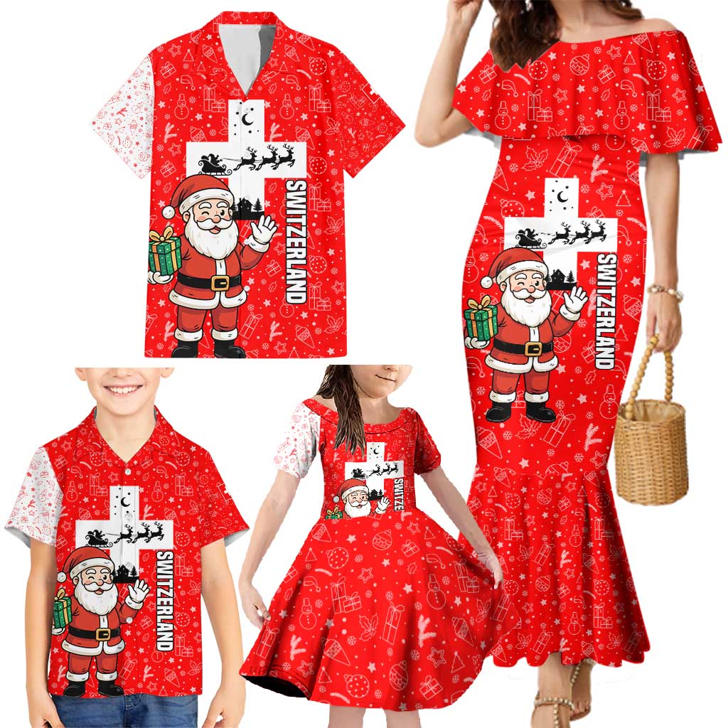 Switzerland Christmas Family Matching Mermaid Dress and Hawaiian Shirt with Santa Sleigh Silhouette and Red Holiday Icon - Wonder Print Shop