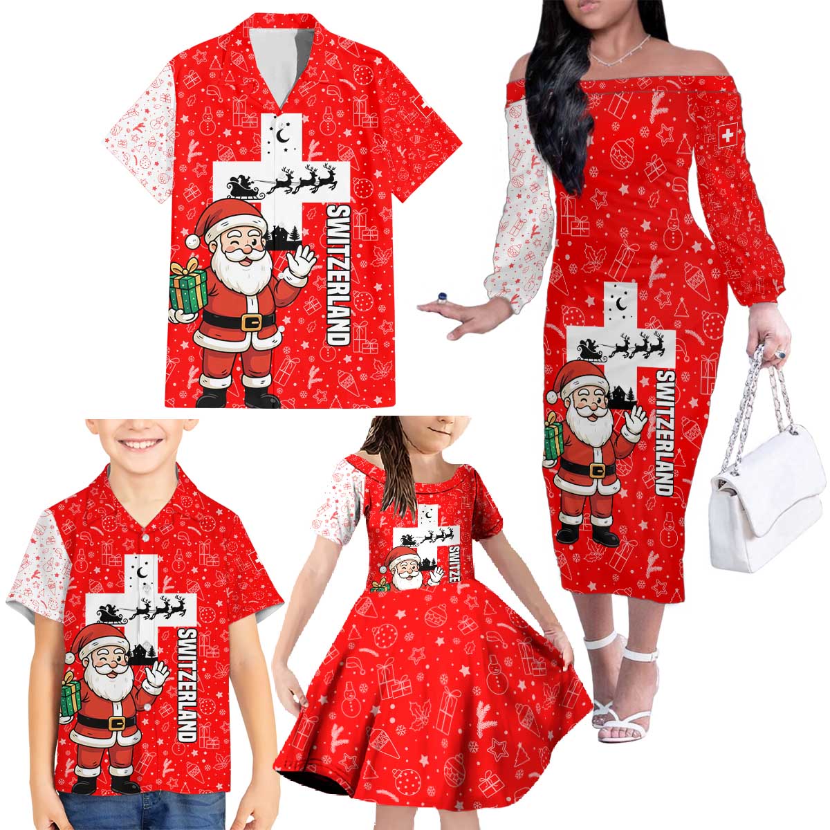 Switzerland Christmas Family Matching Off The Shoulder Long Sleeve Dress and Hawaiian Shirt with Santa Sleigh Silhouette and Red Holiday Icon - Wonder Print Shop