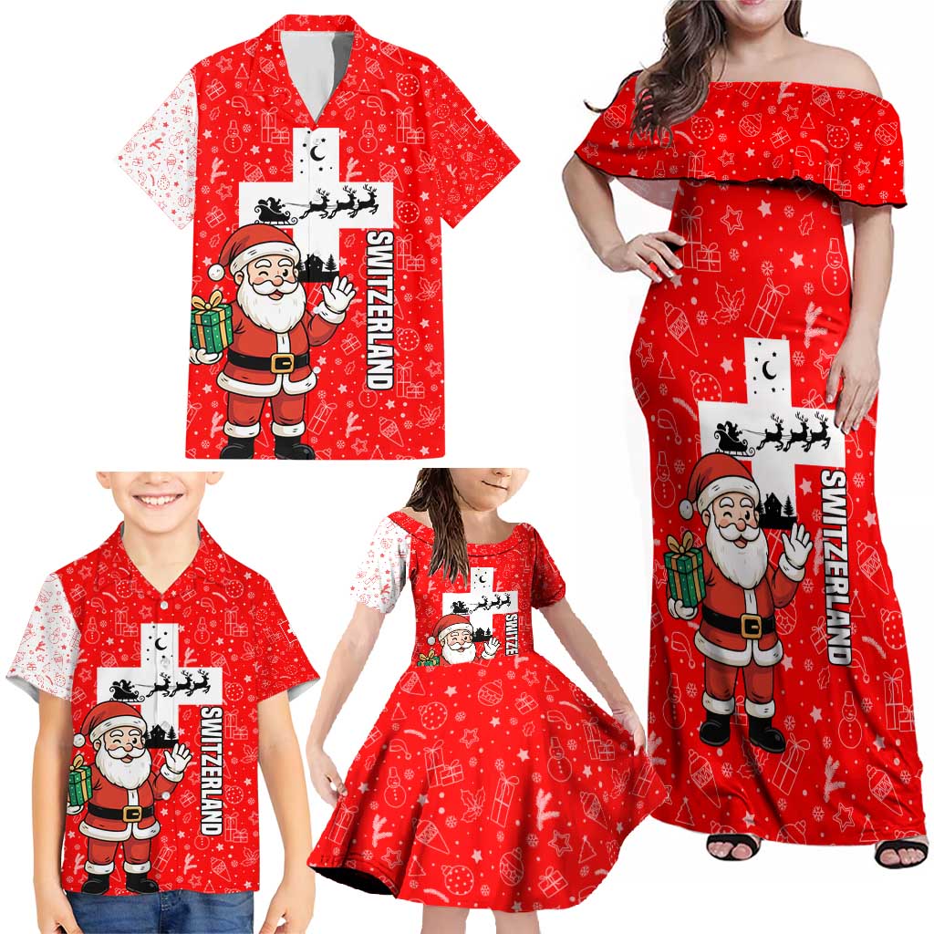 Switzerland Christmas Family Matching Off Shoulder Maxi Dress and Hawaiian Shirt with Santa Sleigh Silhouette and Red Holiday Icon - Wonder Print Shop