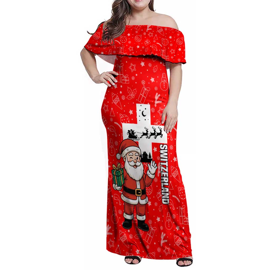 Switzerland Christmas Family Matching Off Shoulder Maxi Dress and Hawaiian Shirt with Santa Sleigh Silhouette and Red Holiday Icon - Wonder Print Shop