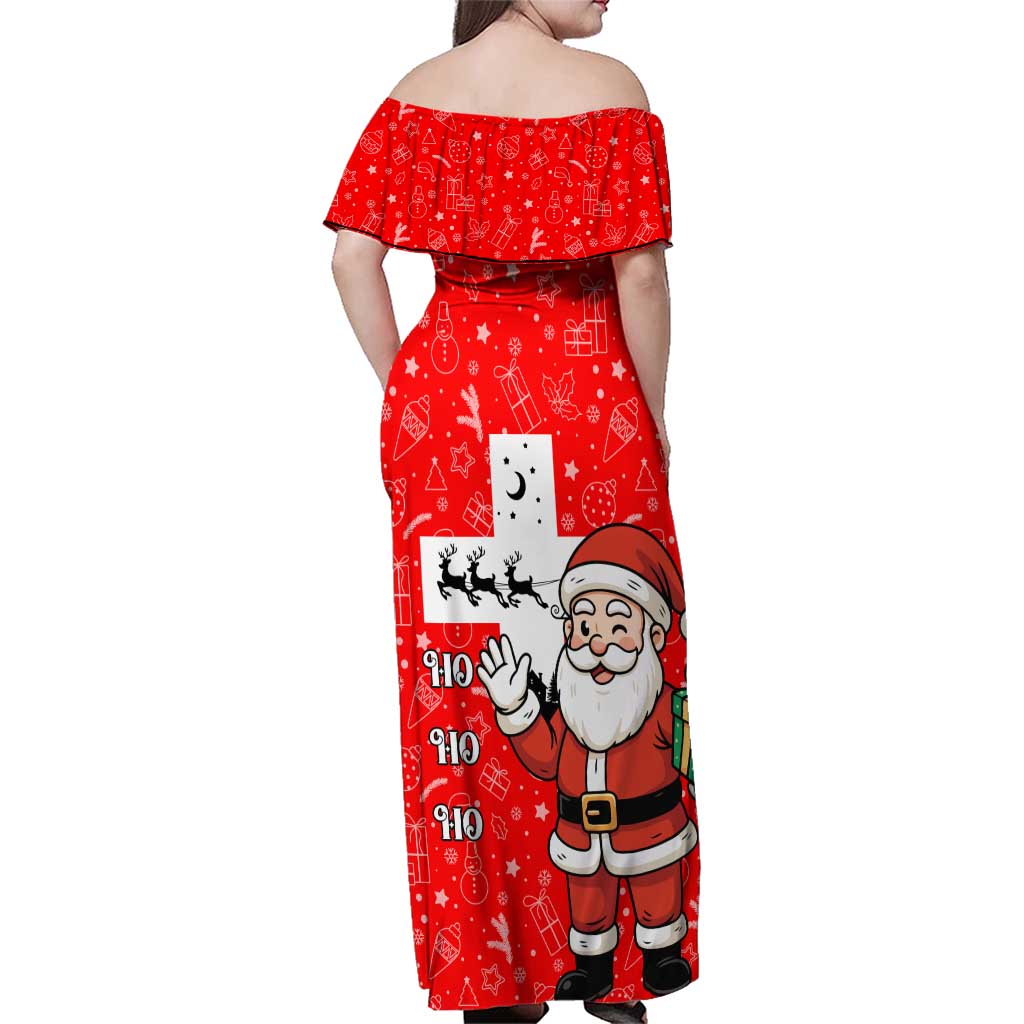 Switzerland Christmas Family Matching Off Shoulder Maxi Dress and Hawaiian Shirt with Santa Sleigh Silhouette and Red Holiday Icon - Wonder Print Shop