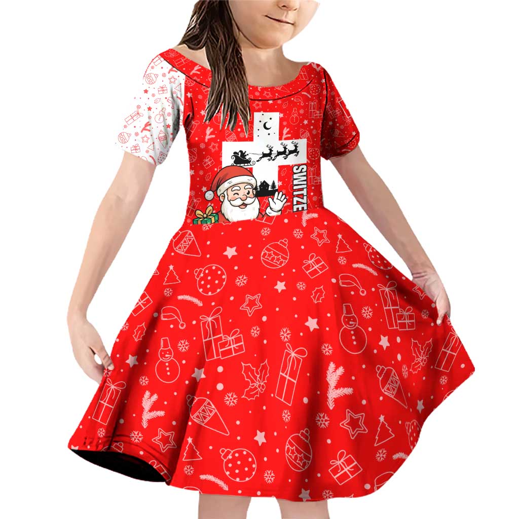 Switzerland Christmas Family Matching Off Shoulder Short Dress and Hawaiian Shirt with Santa Sleigh Silhouette and Red Holiday Icon - Wonder Print Shop