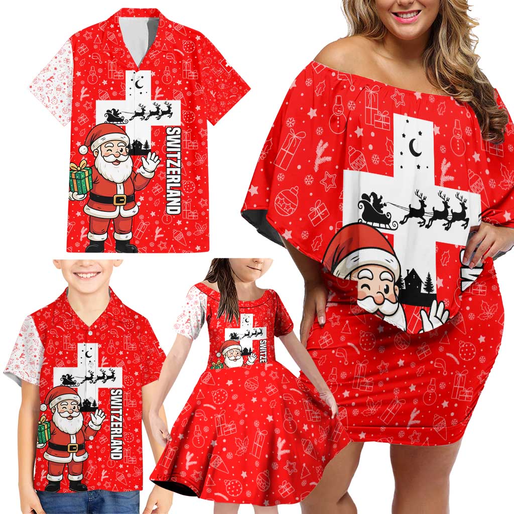 Switzerland Christmas Family Matching Off Shoulder Short Dress and Hawaiian Shirt with Santa Sleigh Silhouette and Red Holiday Icon - Wonder Print Shop