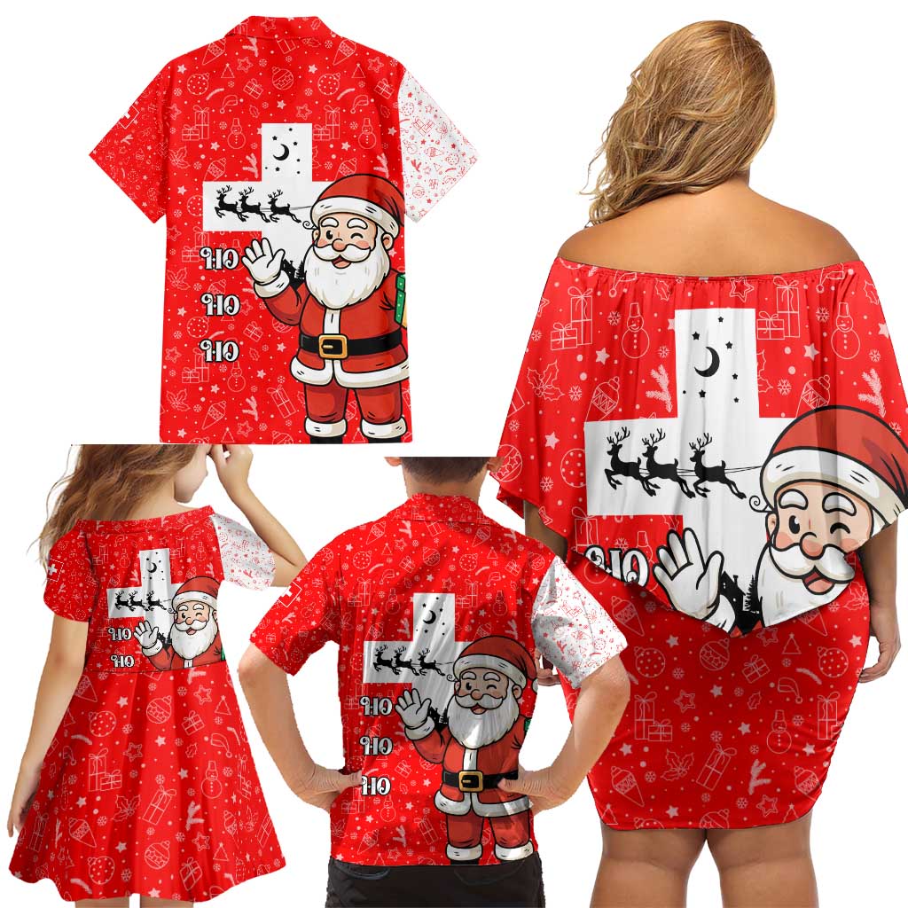 Switzerland Christmas Family Matching Off Shoulder Short Dress and Hawaiian Shirt with Santa Sleigh Silhouette and Red Holiday Icon - Wonder Print Shop