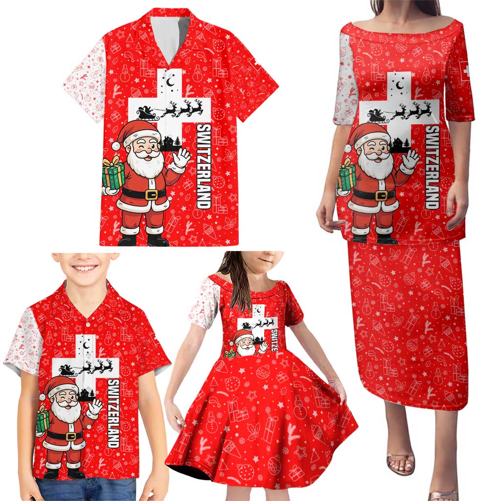 Switzerland Christmas Family Matching Puletasi and Hawaiian Shirt with Santa Sleigh Silhouette and Red Holiday Icon - Wonder Print Shop