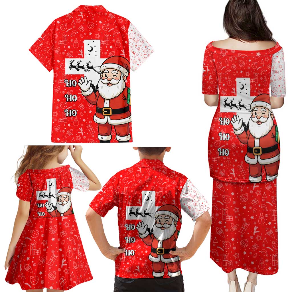 Switzerland Christmas Family Matching Puletasi and Hawaiian Shirt with Santa Sleigh Silhouette and Red Holiday Icon - Wonder Print Shop