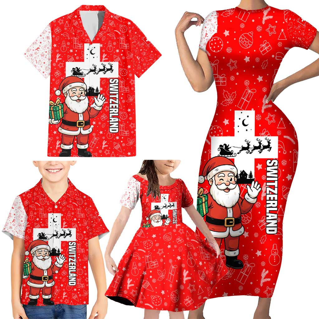 Switzerland Christmas Family Matching Short Sleeve Bodycon Dress and Hawaiian Shirt with Santa Sleigh Silhouette and Red Holiday Icon - Wonder Print Shop