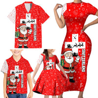 Switzerland Christmas Family Matching Short Sleeve Bodycon Dress and Hawaiian Shirt with Santa Sleigh Silhouette and Red Holiday Icon - Wonder Print Shop