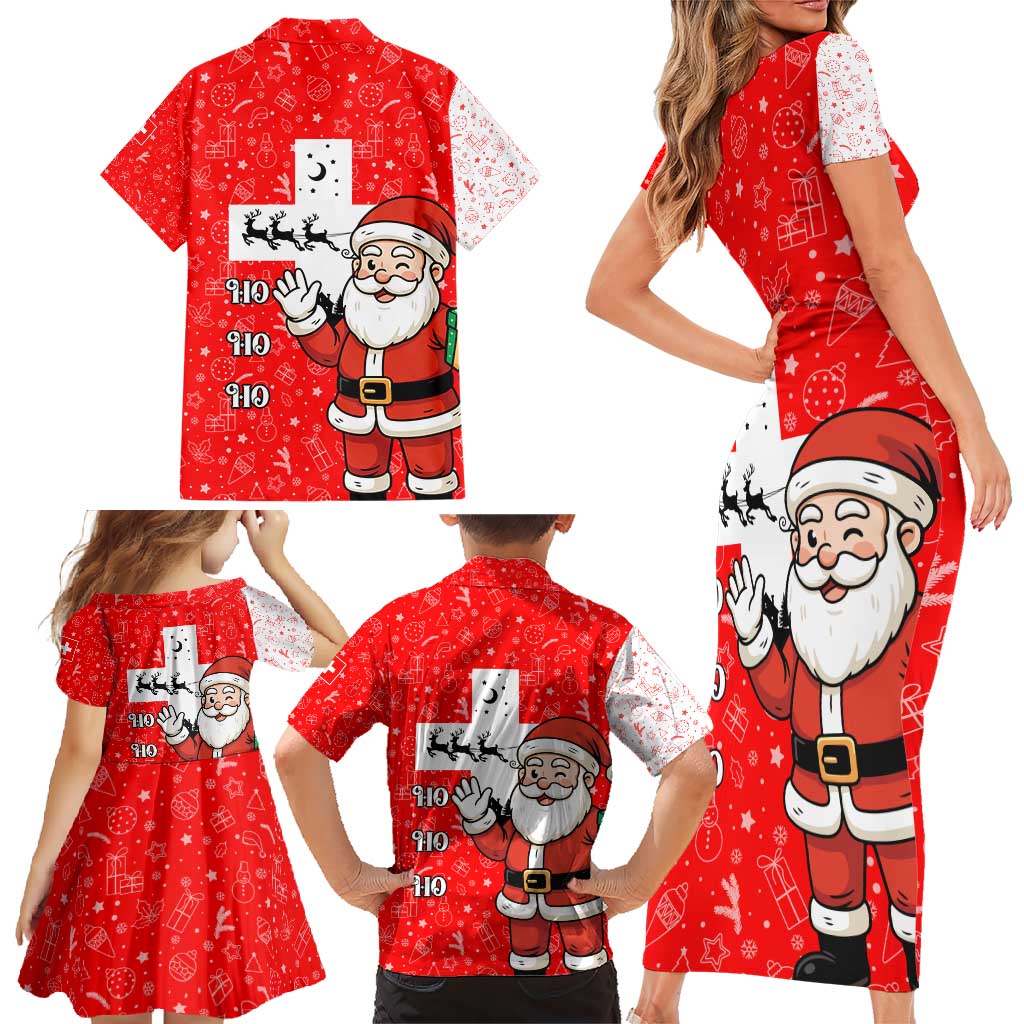 Switzerland Christmas Family Matching Short Sleeve Bodycon Dress and Hawaiian Shirt with Santa Sleigh Silhouette and Red Holiday Icon - Wonder Print Shop