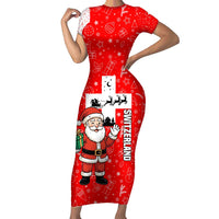 Switzerland Christmas Family Matching Short Sleeve Bodycon Dress and Hawaiian Shirt with Santa Sleigh Silhouette and Red Holiday Icon - Wonder Print Shop