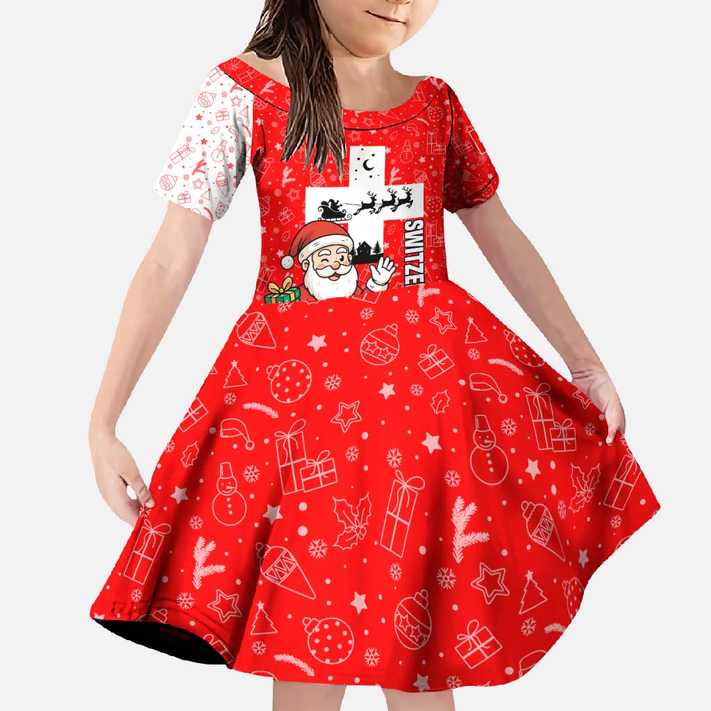 Switzerland Christmas Family Matching Summer Maxi Dress and Hawaiian Shirt with Santa Sleigh Silhouette and Red Holiday Icon - Wonder Print Shop