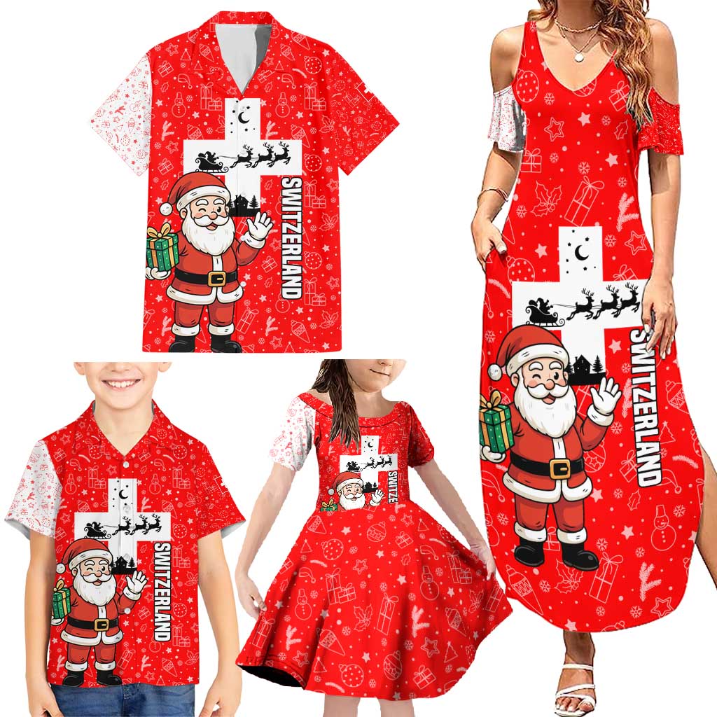 Switzerland Christmas Family Matching Summer Maxi Dress and Hawaiian Shirt with Santa Sleigh Silhouette and Red Holiday Icon - Wonder Print Shop
