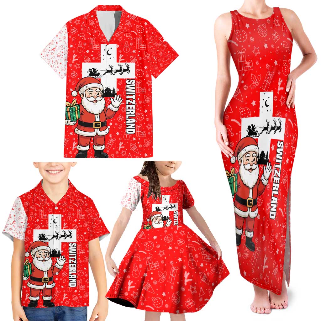 Switzerland Christmas Family Matching Tank Maxi Dress and Hawaiian Shirt with Santa Sleigh Silhouette and Red Holiday Icon - Wonder Print Shop