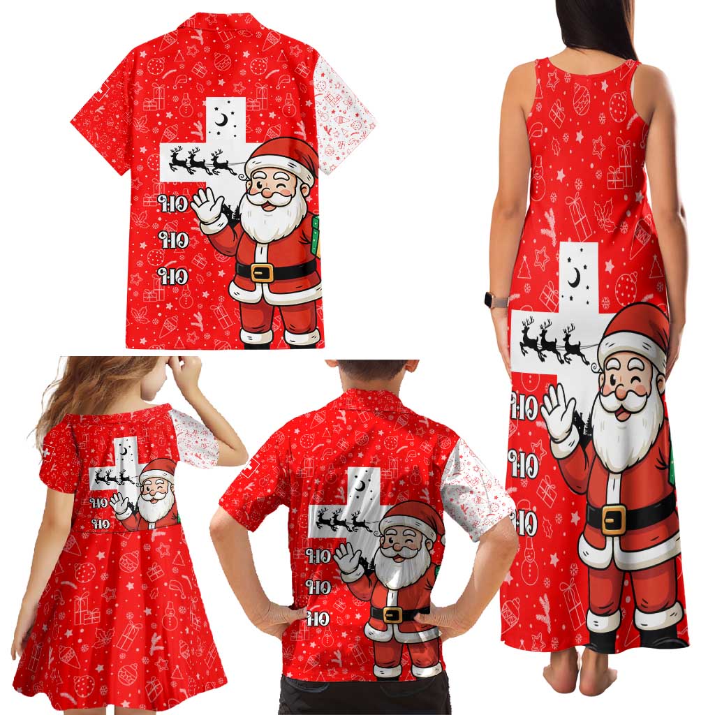 Switzerland Christmas Family Matching Tank Maxi Dress and Hawaiian Shirt with Santa Sleigh Silhouette and Red Holiday Icon - Wonder Print Shop
