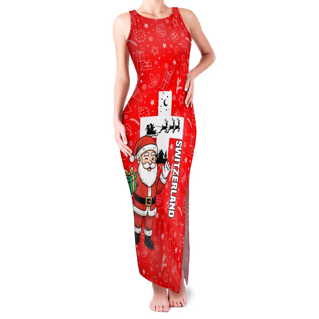 Switzerland Christmas Family Matching Tank Maxi Dress and Hawaiian Shirt with Santa Sleigh Silhouette and Red Holiday Icon - Wonder Print Shop