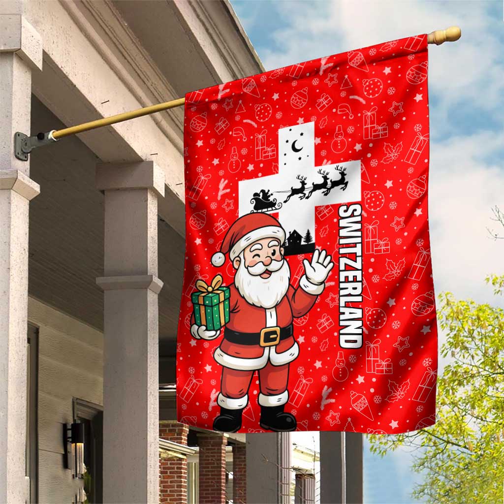 Switzerland Christmas Garden Flag with Santa Sleigh Silhouette and Red Holiday Icon - Wonder Print Shop