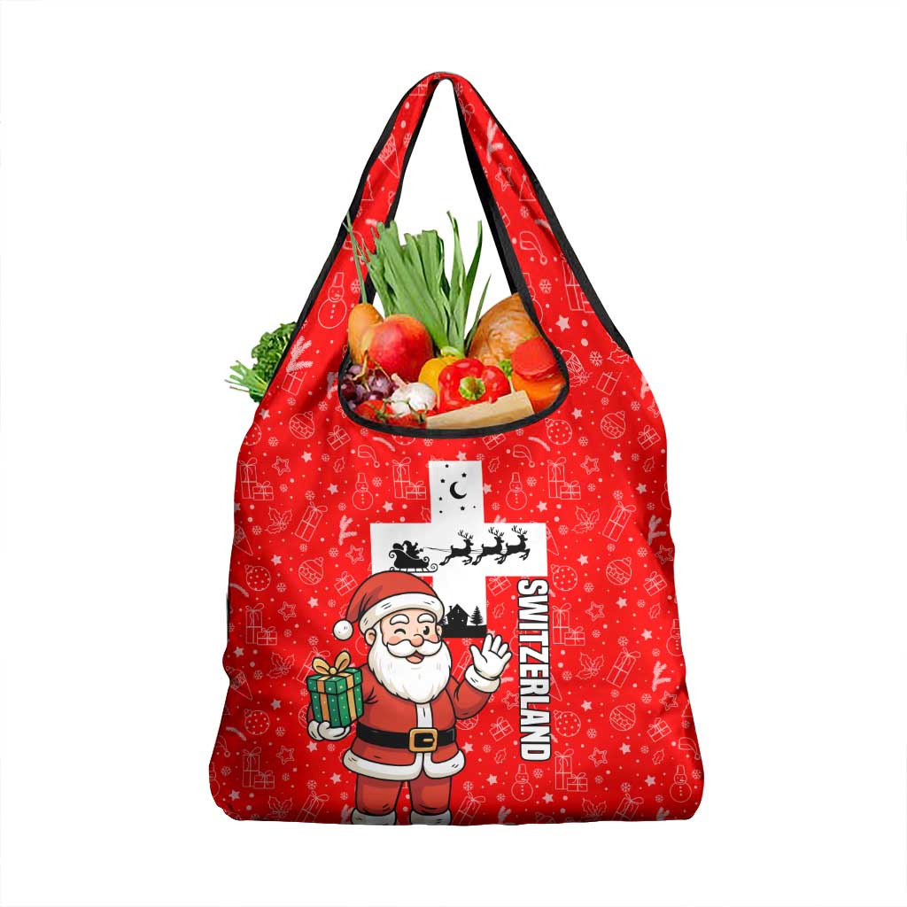 Switzerland Christmas Grocery Bag with Santa Sleigh Silhouette and Red Holiday Icon - Wonder Print Shop