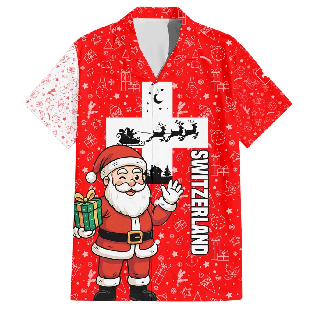 Switzerland Christmas Hawaiian Shirt with Santa Sleigh Silhouette and Red Holiday Icon - Wonder Print Shop