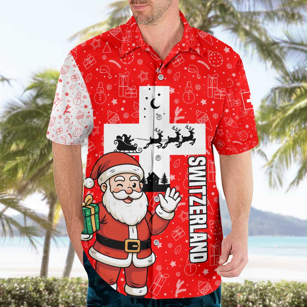 Switzerland Christmas Hawaiian Shirt with Santa Sleigh Silhouette and Red Holiday Icon - Wonder Print Shop