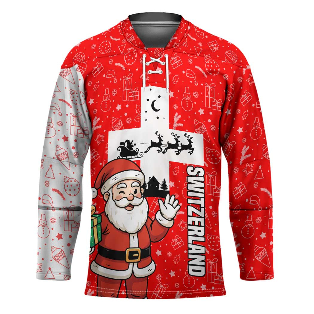 Switzerland Christmas Hockey Jersey with Santa Sleigh Silhouette and Red Holiday Icon - Wonder Print Shop