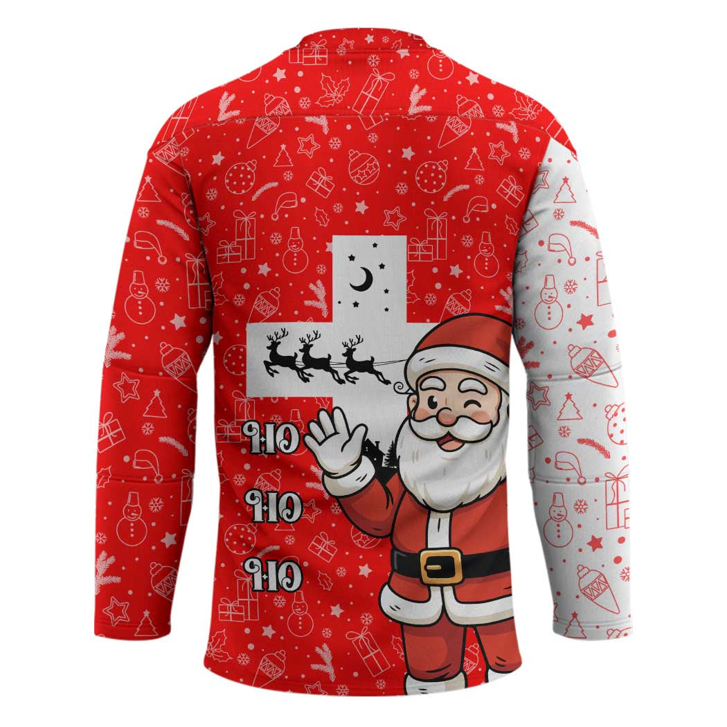 Switzerland Christmas Hockey Jersey with Santa Sleigh Silhouette and Red Holiday Icon - Wonder Print Shop