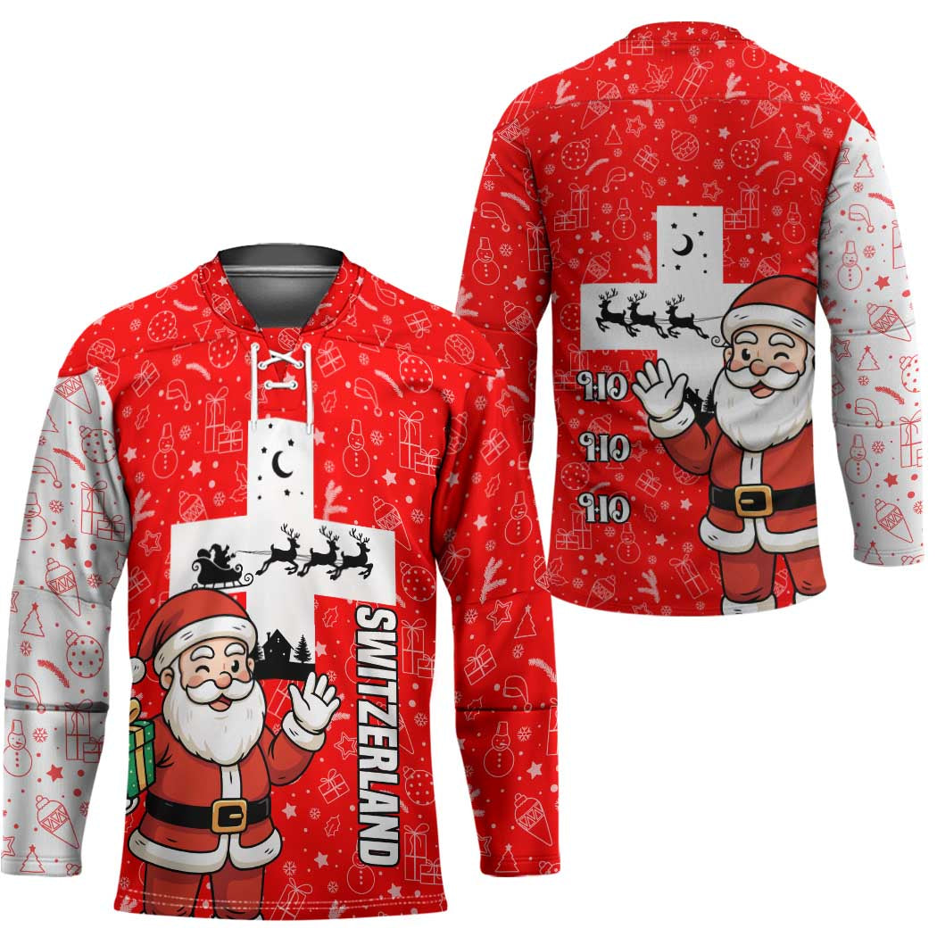 Switzerland Christmas Hockey Jersey with Santa Sleigh Silhouette and Red Holiday Icon - Wonder Print Shop