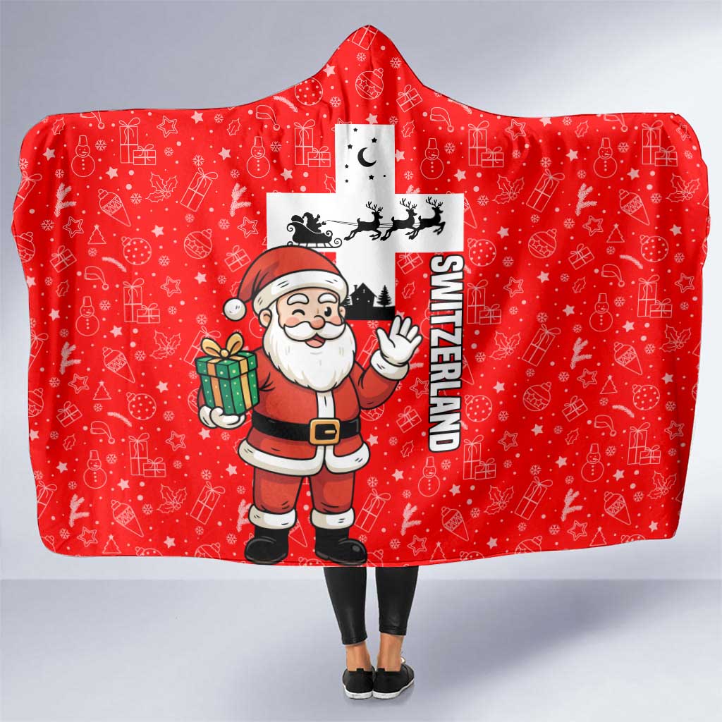 Switzerland Christmas Hooded Blanket with Santa Sleigh Silhouette and Red Holiday Icon - Wonder Print Shop