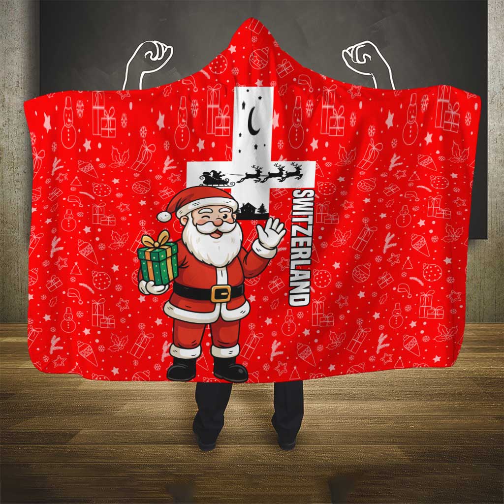 Switzerland Christmas Hooded Blanket with Santa Sleigh Silhouette and Red Holiday Icon - Wonder Print Shop