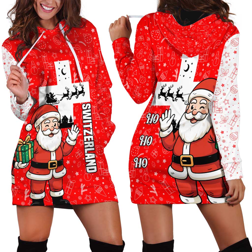 Switzerland Christmas Hoodie Dress with Santa Sleigh Silhouette and Red Holiday Icon - Wonder Print Shop