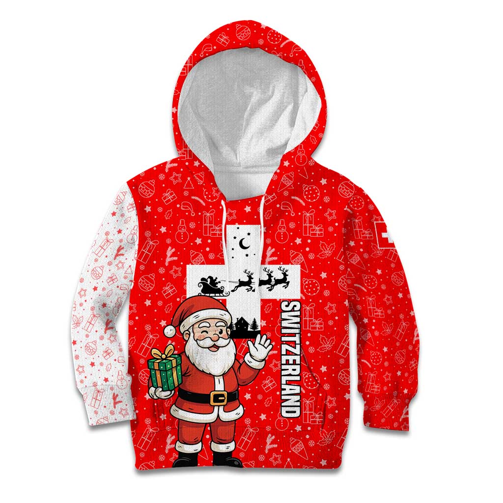 Switzerland Christmas Kid Hoodie with Santa Sleigh Silhouette and Red Holiday Icon - Wonder Print Shop