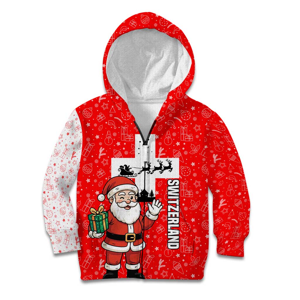 Switzerland Christmas Kid Hoodie with Santa Sleigh Silhouette and Red Holiday Icon - Wonder Print Shop