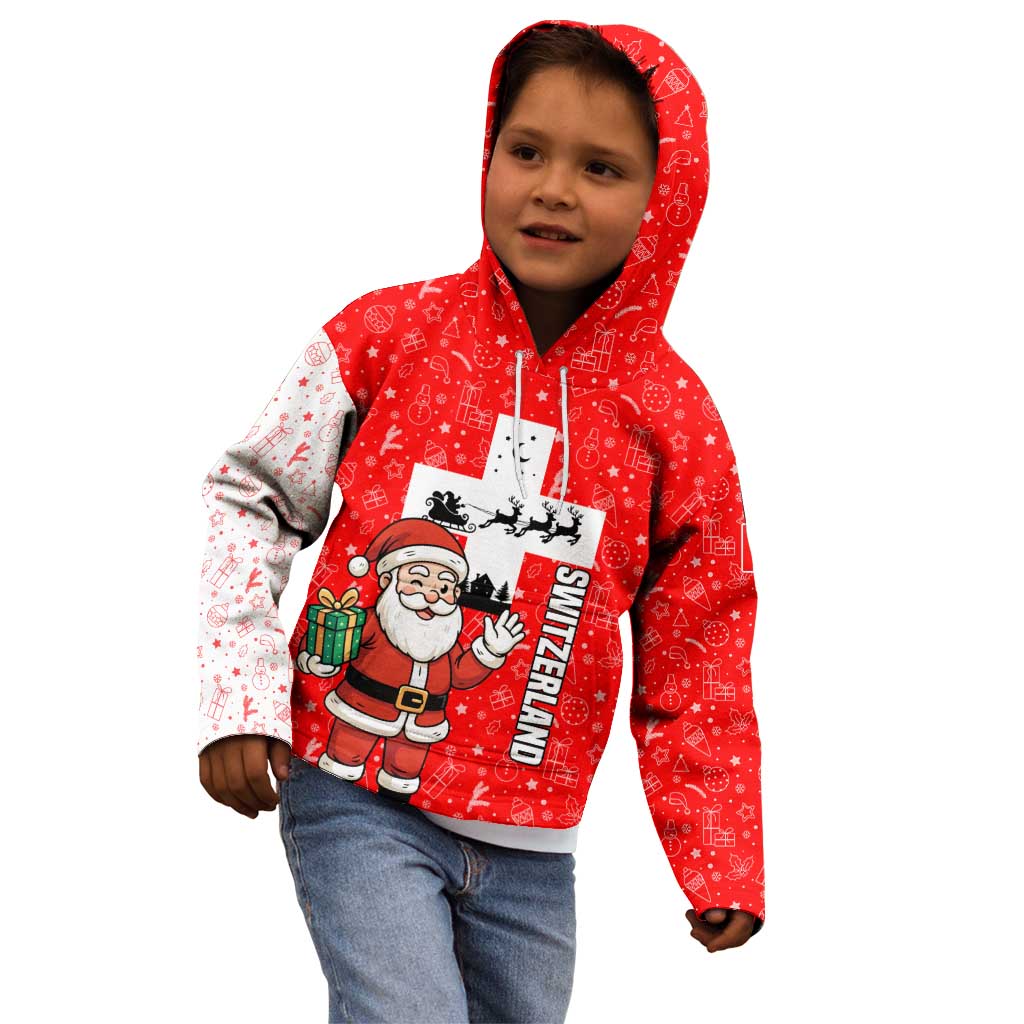 Switzerland Christmas Kid Hoodie with Santa Sleigh Silhouette and Red Holiday Icon - Wonder Print Shop
