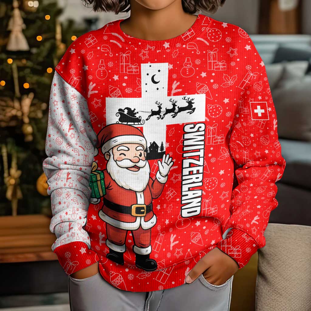 Switzerland Christmas Kid Ugly Christmas Sweater with Santa Sleigh Silhouette and Red Holiday Icon - Wonder Print Shop