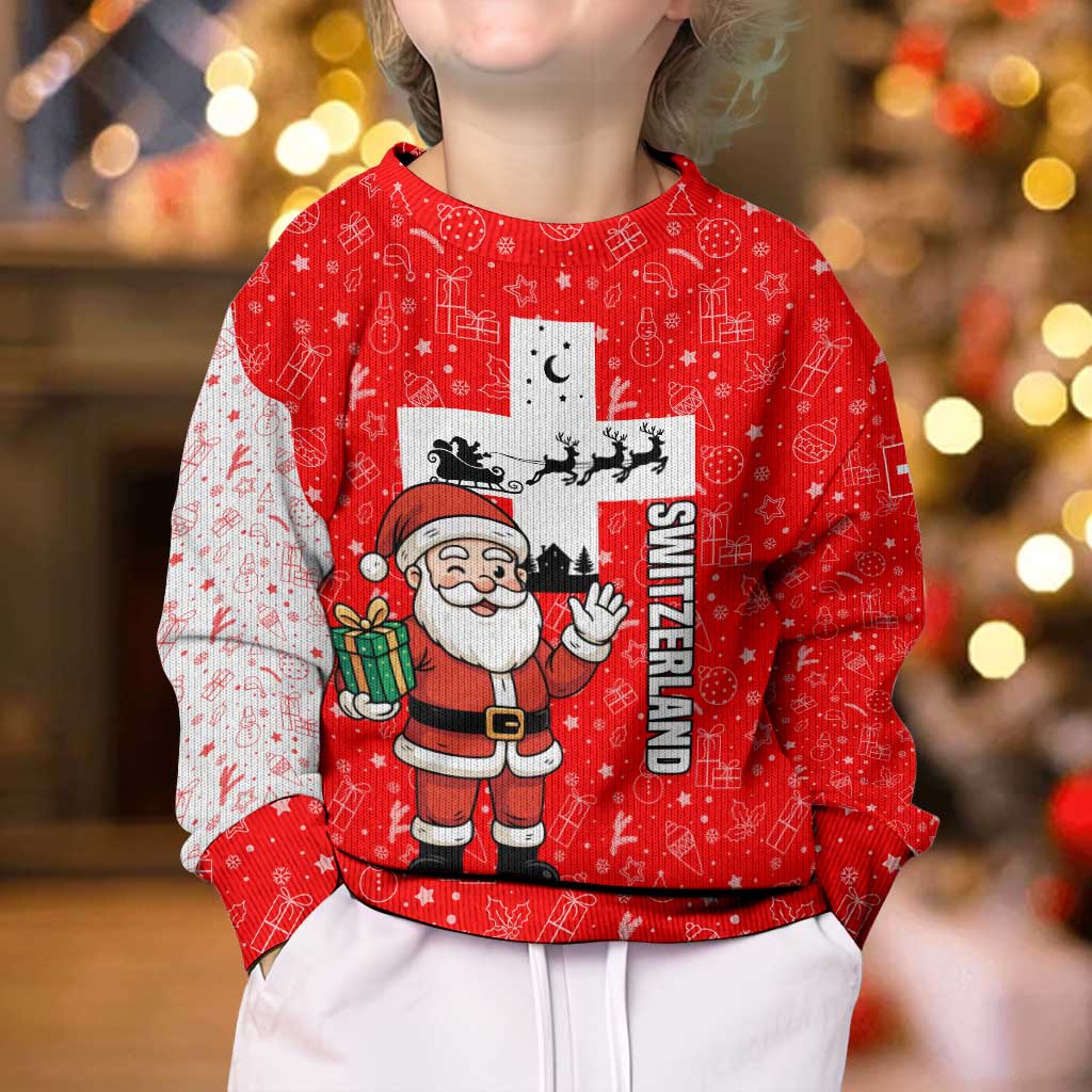 Switzerland Christmas Kid Ugly Christmas Sweater with Santa Sleigh Silhouette and Red Holiday Icon - Wonder Print Shop