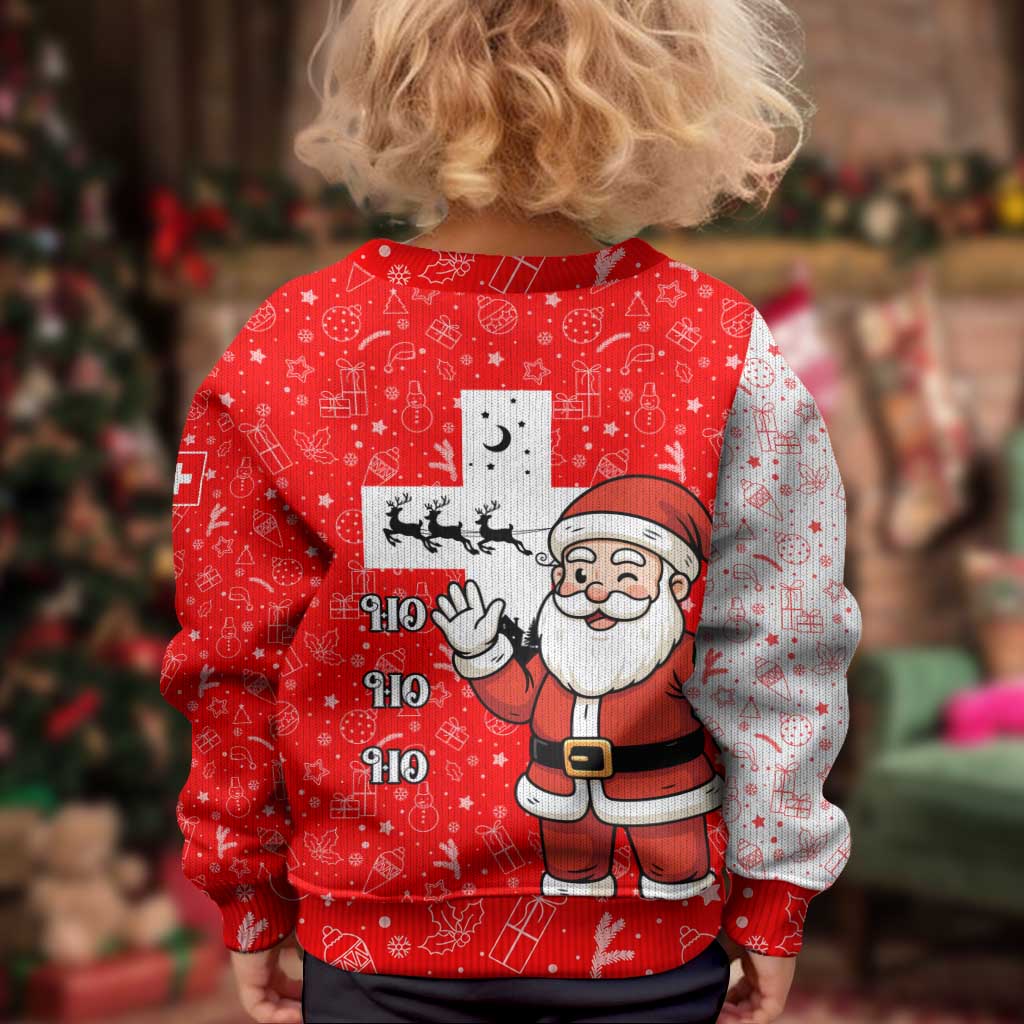 Switzerland Christmas Kid Ugly Christmas Sweater with Santa Sleigh Silhouette and Red Holiday Icon - Wonder Print Shop