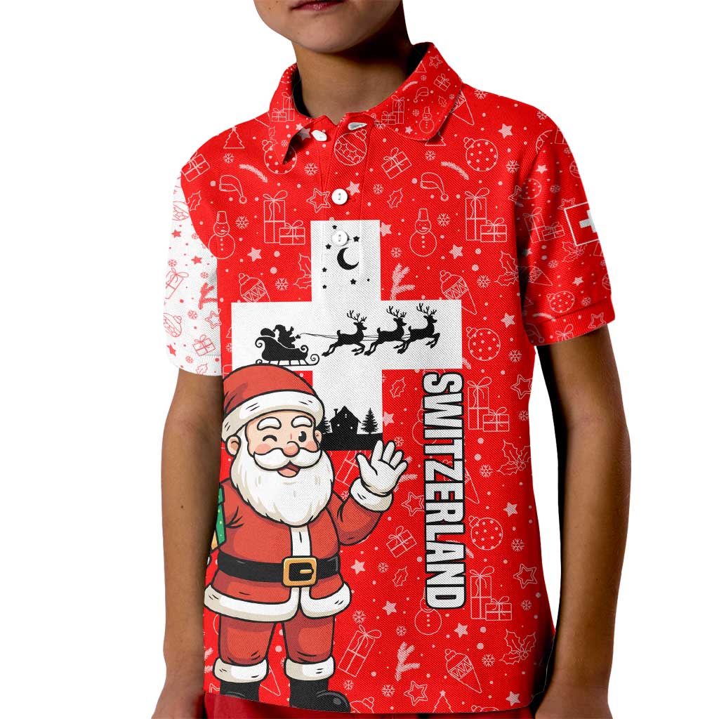 Switzerland Christmas Kid Polo Shirt with Santa Sleigh Silhouette and Red Holiday Icon - Wonder Print Shop