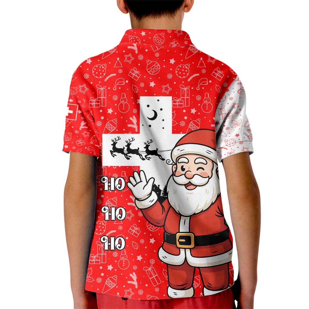 Switzerland Christmas Kid Polo Shirt with Santa Sleigh Silhouette and Red Holiday Icon - Wonder Print Shop